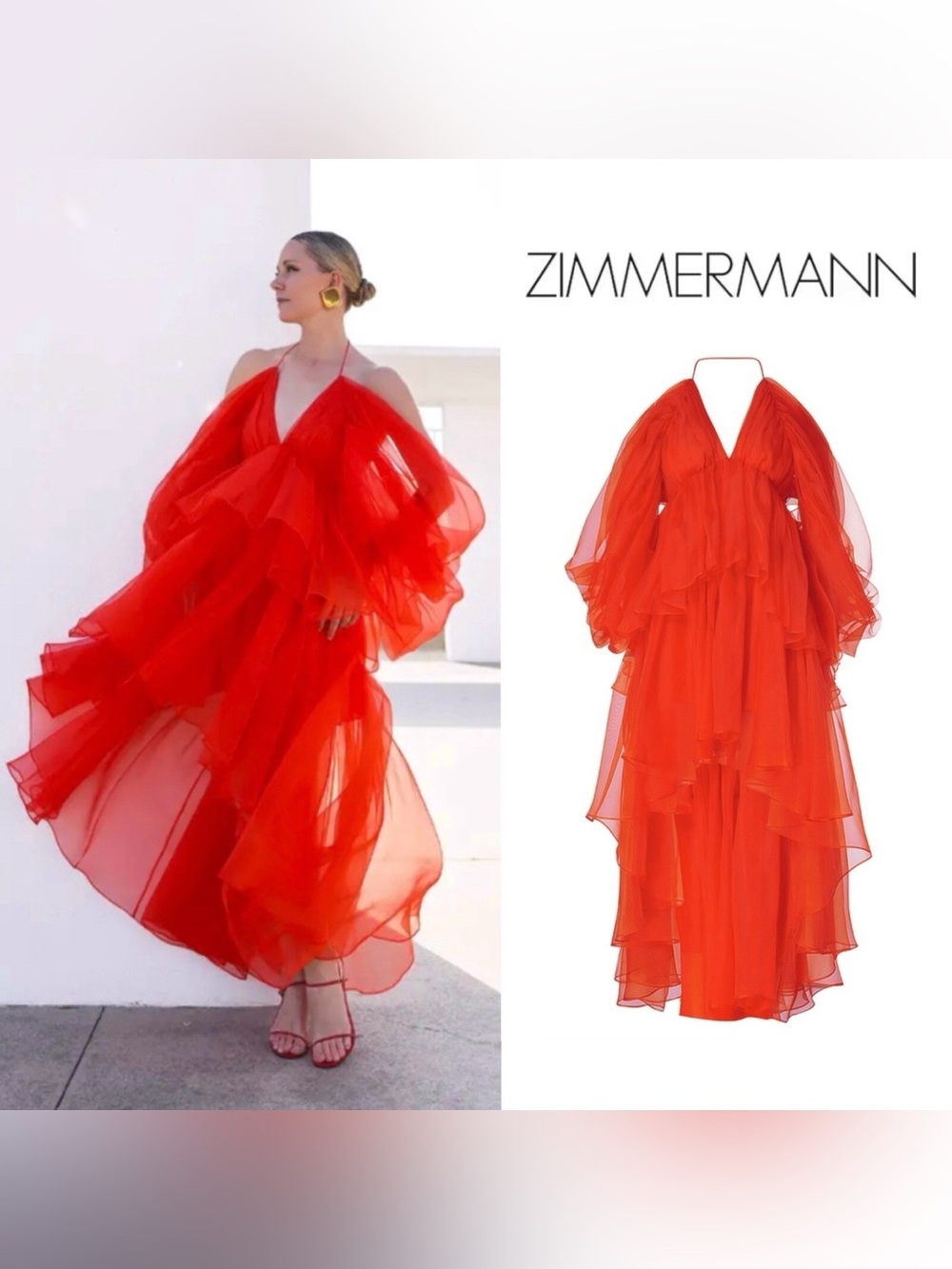 Zimmermann Rare Red Layered Chiffon Halter Maxi Dress NWT Size Medium